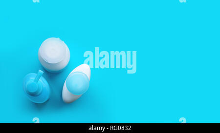 Isolated SPA cosmetic products, tubes, branding, top view on color background Stock Photo