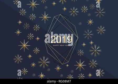 Merry Christmas and Happy New Year 2019 greeting card with golden snowflakes. Happy new year 2019. Holiday greeting card vector template for posters Stock Vector