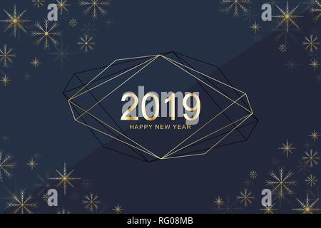 Merry Christmas and Happy New Year 2019 greeting card with golden snowflakes. Happy new year 2019. Holiday greeting card vector template for posters Stock Vector