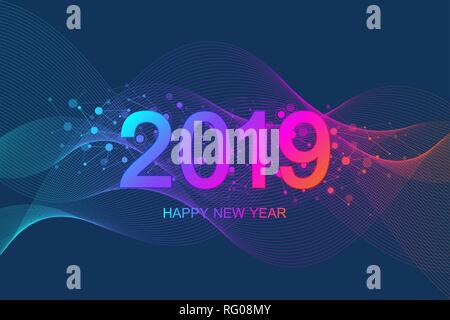 Merry Christmas and Happy New Year 2019 greeting card. Modern futuristic template for 2019. Waves flow, lines, particles, dots. Vector illustration Stock Vector