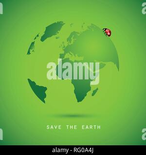 save the earth concept green globe with ladybug vector illustration EPS10 Stock Vector