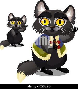 Sly animated black furry cat with yellow eyes in a vest isolated on white background. Vector cartoon close-up illustration. Stock Vector