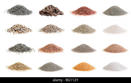 Set photos of decorative soil and sand isolated from different parts of the world on a white background. Stock Photo