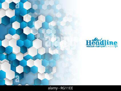 Bright blue and white hexagons abstract tech geometric background. Vector design Stock Vector