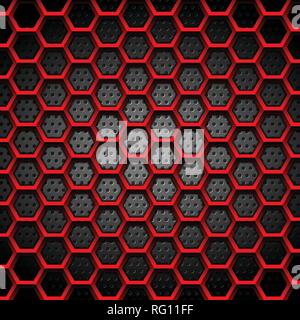 Red hexagons texture on dark perforated background. Vector tech design Stock Vector