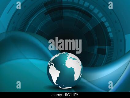 Dark blue technology background with waves, globe and HUD gears elements. Abstract vector design Stock Vector