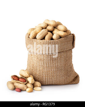 unshelled peanuts in sack isolated on white background Stock Photo