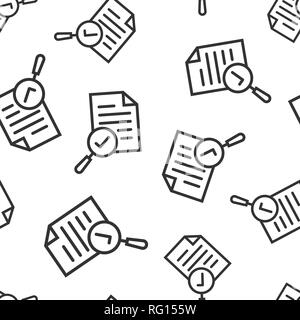 Scrutiny document plan icon seamless pattern background. Review statement vector illustration. Document with magnifier loupe symbol pattern. Stock Vector