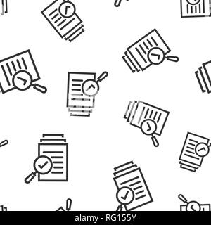 Scrutiny document plan icon seamless pattern background. Review statement vector illustration. Document with magnifier loupe symbol pattern. Stock Vector