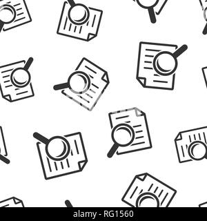 Scrutiny document plan icon seamless pattern background. Review statement vector illustration. Document with magnifier loupe symbol pattern. Stock Vector