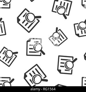 Scrutiny document plan icon seamless pattern background. Review statement vector illustration. Document with magnifier loupe symbol pattern. Stock Vector