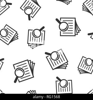 Scrutiny document plan icon seamless pattern background. Review statement vector illustration. Document with magnifier loupe symbol pattern. Stock Vector