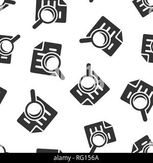 Scrutiny document plan icon seamless pattern background. Review statement vector illustration. Document with magnifier loupe symbol pattern. Stock Vector