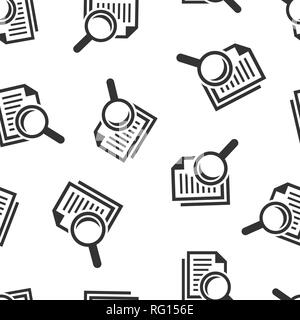 Scrutiny document plan icon seamless pattern background. Review statement vector illustration. Document with magnifier loupe symbol pattern. Stock Vector