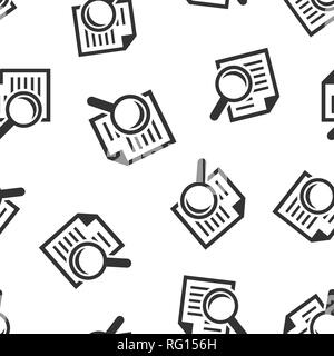 Scrutiny document plan icon seamless pattern background. Review statement vector illustration. Document with magnifier loupe symbol pattern. Stock Vector