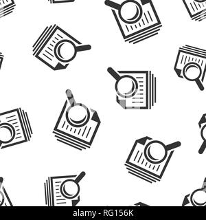 Scrutiny document plan icon seamless pattern background. Review statement vector illustration. Document with magnifier loupe symbol pattern. Stock Vector