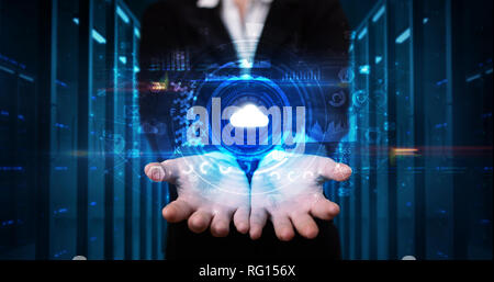 Man holding hologram projection displaying biometric security concept Stock Photo