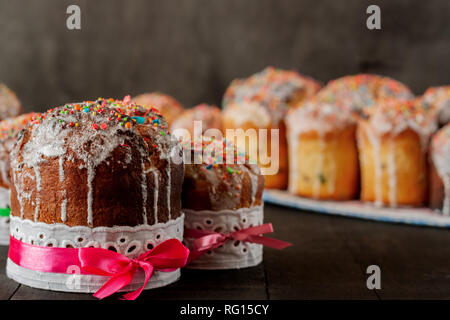 Traditional Orthodox Christian Easter food. Easter cake on the table. Stock Photo