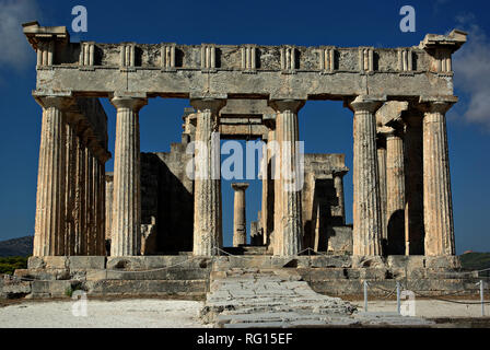 The temple of Aphaia stands on a pine-clad hill in northeast Aegina since the Mycenaean period, erected at approximately 500-490 BC. The temple is a D Stock Photo