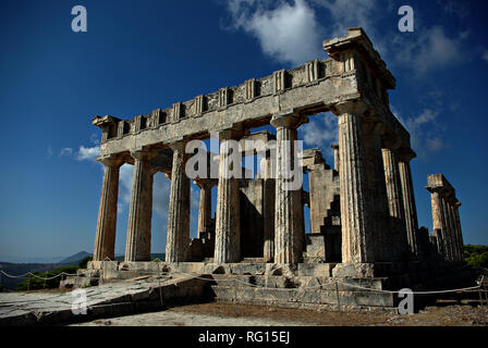 The temple of Aphaia stands on a pine-clad hill in northeast Aegina since the Mycenaean period, erected at approximately 500-490 BC. The temple is a D Stock Photo