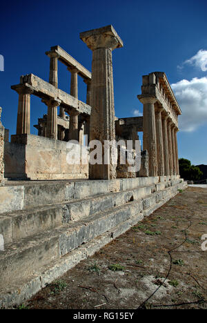 The temple of Aphaia stands on a pine-clad hill in northeast Aegina since the Mycenaean period, erected at approximately 500-490 BC. The temple is a D Stock Photo