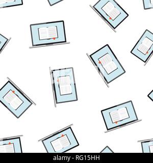 Elearning education icon seamless pattern background. Study vector illustration. Laptop computer online training symbol pattern. Stock Vector