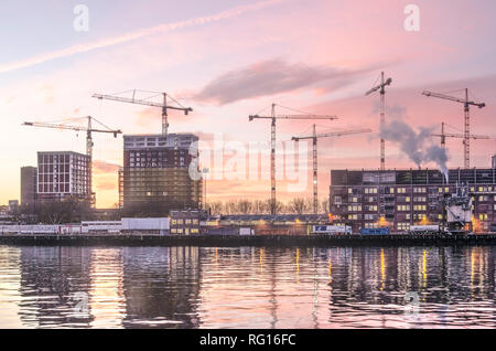 Rotterdam, The Netherlands, January 18, 2019: Seven construction cranes at Katendrecht under a spectacular pink sky at sunrise Stock Photo