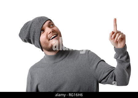 bearded man in gray hat having a good idea Stock Photo