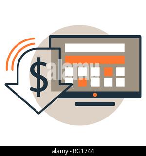 Computer monitor with dollar value decrease symbol. Vector icon Stock Vector
