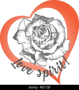 Rose flower sketch in engraving style and red heart on white.Vintage vector illustration valentines day card. Love background. Typography design. Lett Stock Vector