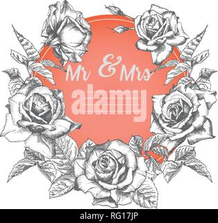 Rose flower sketch in engraving style and red heart on white.Vintage vector illustration valentines day card. Love background. Typography design. Lett Stock Vector
