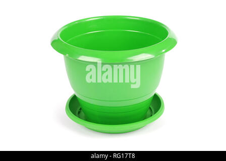 Green Plastic Flower Pots on White Background Stock Photo