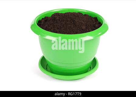 Green Plastic Flower Pots on White Background Stock Photo