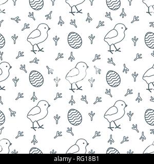 Seamless pattern with chicken, traces of chicken, decorated eggs. Happy Easter. Festive background. Design for banner, poster or print. Stock Vector