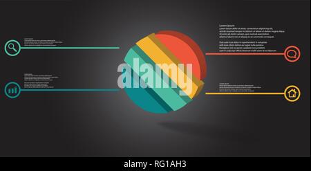 3D illustration infographic template. The embossed ring is askew divided to four color parts. Object is arranged on grey black background. Color lines Stock Vector