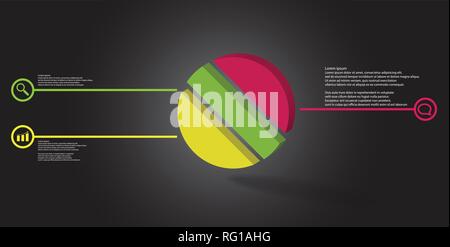 3D illustration infographic template. The embossed ring is askew divided to three color parts. Object is arranged on grey black background. Color line Stock Vector