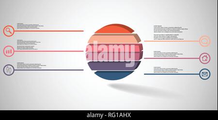3D illustration infographic template. The embossed ring is divided to six color parts. Object is arranged on grey white background. Color lines with s Stock Vector