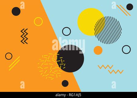 Abstract background pattern made with geometric shapes in Memphis style. Modern, playful vector art. Yellow and black colors are on blue / orange back Stock Vector