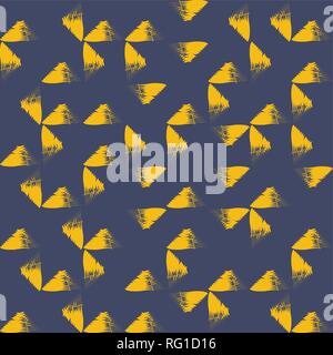 Seamless, abstract background pattern made with brush strokes forming triangle shapes. Modern, yellow vector art on dark blue background. Stock Vector