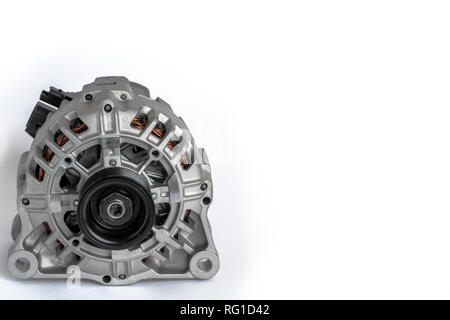 Car power generation. New car generator on a white background in high resolution. View from above. Stock Photo