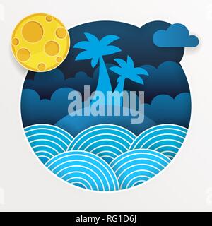 Tropical Storm In The Ocean With Big Waves In Paper Style. Vector Illustration. Stock Vector