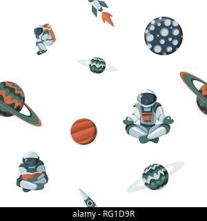Kid space with planets and spaceships. Flat cartoon cosmos science pattern Stock Vector