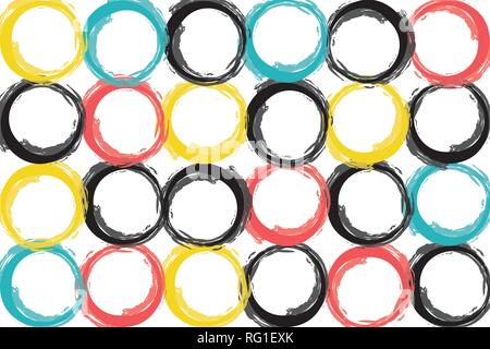 Abstract background pattern made with brush strokes forming circles in yellow, blue, black and red colors. Playful, vector art. Stock Vector