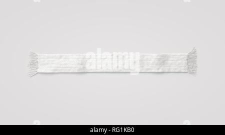 Blank white knitted scarf mock up, isolated, 3d rendering. Empty wool winter accessory mockup, top view. Clear woolen muffler for cold weather. Casual season neckerchief clothing template. Stock Photo