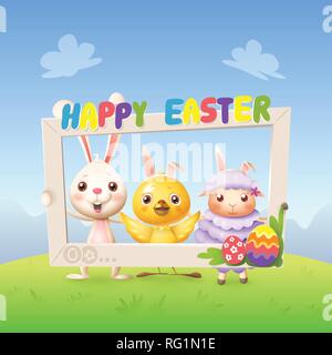 Happy cute bunny chicken and lamb celebrate Easter with social network photo frame - spring landscape background Stock Vector