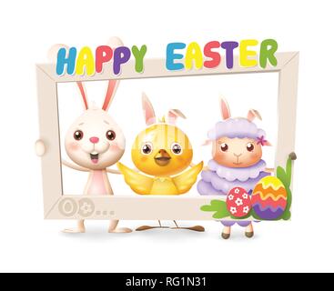 Easter animals - Happy cute bunny chicken and lamb celebrate Easter with social network photo frame - isolated on white background Stock Vector
