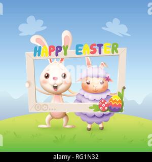 Easter animals - Happy cute bunny and lamb celebrate Easter with social network photo frame - spring landscape background Stock Vector
