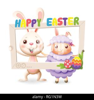 Happy cute bunny and lamb celebrate Easter with social network photo frame - isolated on white background Stock Vector