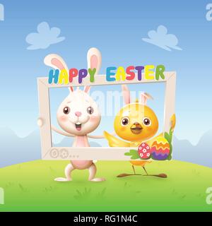 Easter animals - Happy cute bunny and chicken celebrate Easter with social network photo frame - spring landscape background Stock Vector