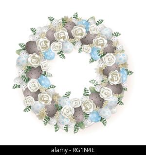 Easter wreath - elegant decorated with quail eggs flowers and leafs - blue gray white and green color Stock Vector